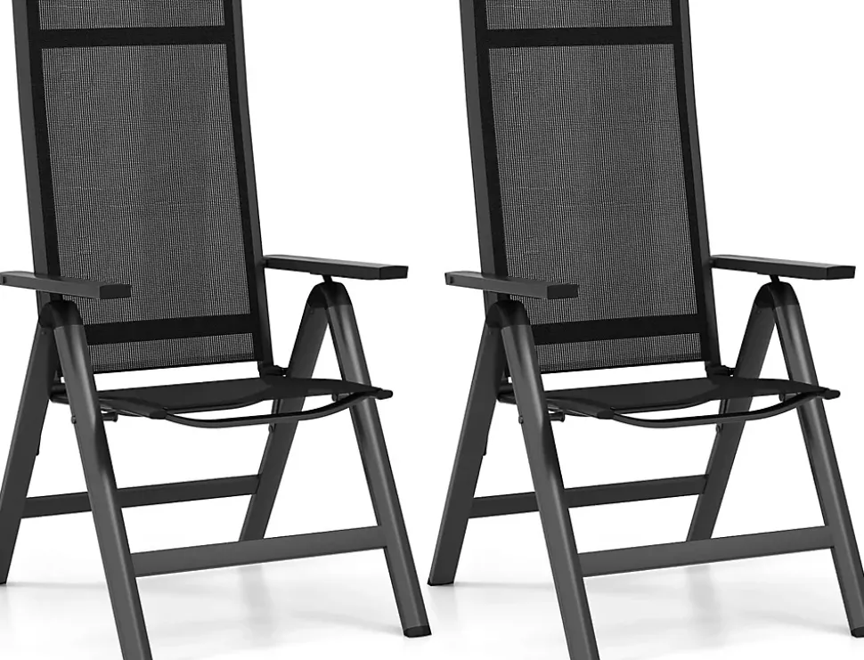 2 Chaise de Jardin Pliante Dossier Réglable en 7 Positions Accoudoirs Légère Portable en Alliage d Aluminium Maille Noir