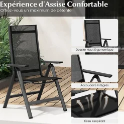 2 Chaise de Jardin Pliante Dossier Réglable en 7 Positions Accoudoirs Légère Portable en Alliage d Aluminium Maille Noir