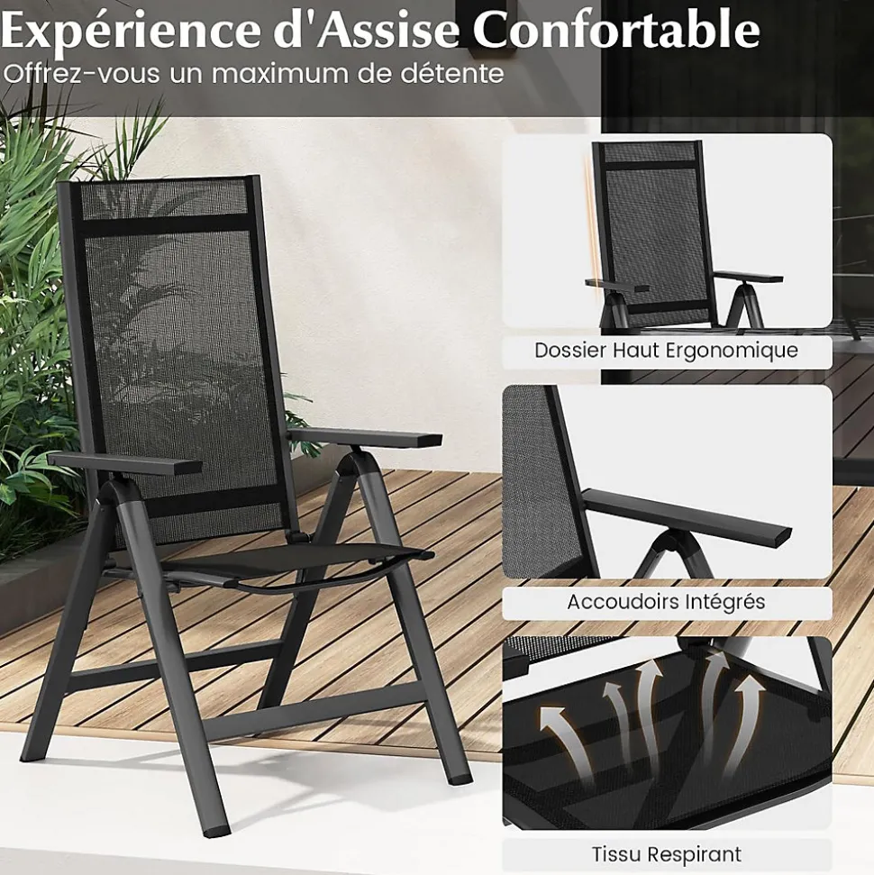 2 Chaise de Jardin Pliante Dossier Réglable en 7 Positions Accoudoirs Légère Portable en Alliage d Aluminium Maille Noir