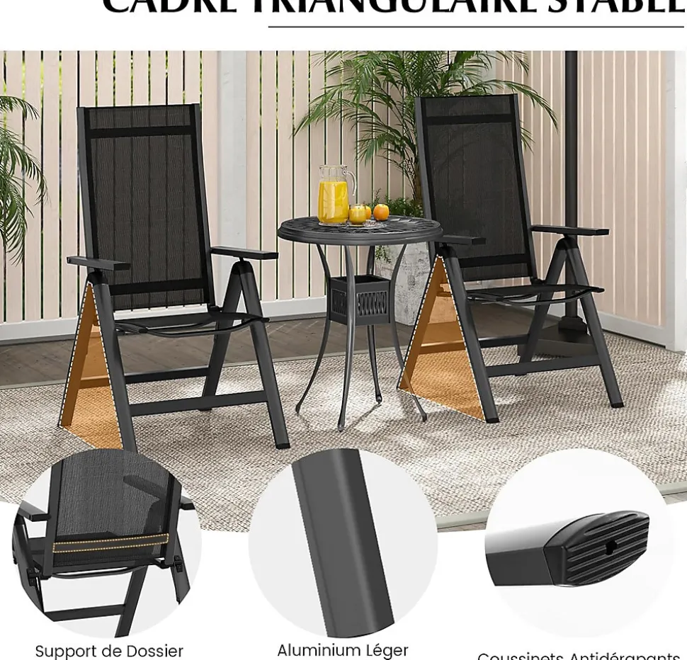 2 Chaise de Jardin Pliante Dossier Réglable en 7 Positions Accoudoirs Légère Portable en Alliage d Aluminium Maille Noir