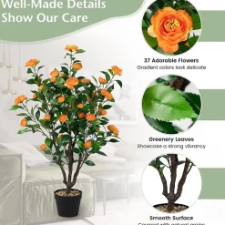 102 cm Camélia Artificiel en Pot de Ciment Fausse Plante Camélia avec 37 Fleurs Troncs épais et Galets de Pluie