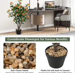 102 cm Camélia Artificiel en Pot de Ciment Fausse Plante Camélia avec 37 Fleurs Troncs épais et Galets de Pluie