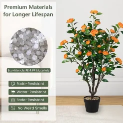 102 cm Camélia Artificiel en Pot de Ciment Fausse Plante Camélia avec 37 Fleurs Troncs épais et Galets de Pluie