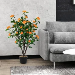 102 cm Camélia Artificiel en Pot de Ciment Fausse Plante Camélia avec 37 Fleurs Troncs épais et Galets de Pluie