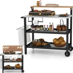 2 en 1 Desserte Jardin Exterieur avec Plateau Rabattable, Desserte Plancha Barbecue 3 Niveaux 135+45+25KG,116x55x130CM