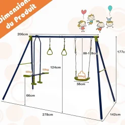 3 en 1 Ensemble de Portique et Balançoire 3 Agrès Charge 200kg Tape Suspendu 2 Anneaux de Gymnastique 177cm H