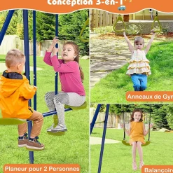 3 en 1 Ensemble de Portique et Balançoire 3 Agrès Charge 200kg Tape Suspendu 2 Anneaux de Gymnastique 177cm H