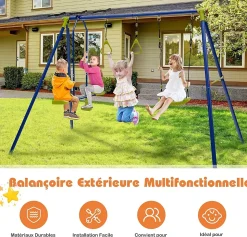3 en 1 Ensemble de Portique et Balançoire 3 Agrès Charge 200kg Tape Suspendu 2 Anneaux de Gymnastique 177cm H