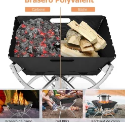 3 en 1 Foyer à Bois Pliable Extérieur, Basero Barbecue de Camping Pliable pour Cuisine en Plein airGrilles, 45 x 45 x 49 cm