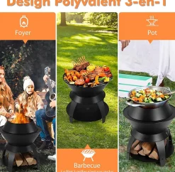3 en 1 Foyer Extérieur 50 x 58 CM,avec Cendrier et Anneau Amovible, Combustion Complète et Sans Fumée, pour Camping, Barbecue