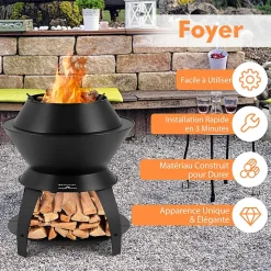3 en 1 Foyer Extérieur 50 x 58 CM,avec Cendrier et Anneau Amovible, Combustion Complète et Sans Fumée, pour Camping, Barbecue
