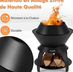 3 en 1 Foyer Extérieur 50 x 58 CM,avec Cendrier et Anneau Amovible, Combustion Complète et Sans Fumée, pour Camping, Barbecue