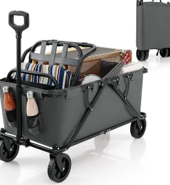 170 L Chariot de Transport Pliable avec Guidon Réglable, Porte-Bouteilles et Poche de Rangement,Pliable,Charge 100KG (Gris)