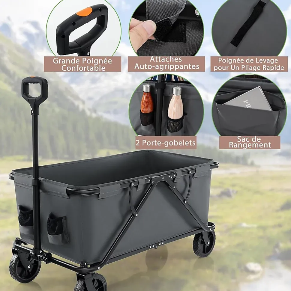 170 L Chariot de Transport Pliable avec Guidon Réglable, Porte-Bouteilles et Poche de Rangement,Pliable,Charge 100KG (Gris)