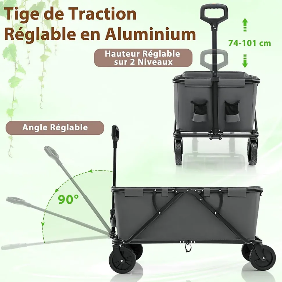 170 L Chariot de Transport Pliable avec Guidon Réglable, Porte-Bouteilles et Poche de Rangement,Pliable,Charge 100KG (Gris)