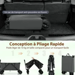 170 L Chariot de Transport Pliable avec Guidon Réglable, Porte-Bouteilles et Poche de Rangement,Pliable,Charge 100KG (Gris)