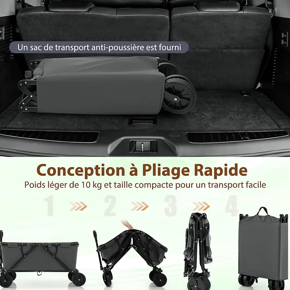 170 L Chariot de Transport Pliable avec Guidon Réglable, Porte-Bouteilles et Poche de Rangement,Pliable,Charge 100KG (Gris)