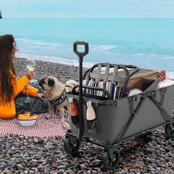 170 L Chariot de Transport Pliable avec Guidon Réglable, Porte-Bouteilles et Poche de Rangement,Pliable,Charge 100KG (Gris)