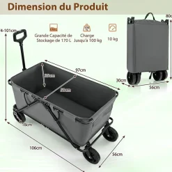 170 L Chariot de Transport Pliable avec Guidon Réglable, Porte-Bouteilles et Poche de Rangement,Pliable,Charge 100KG (Gris)