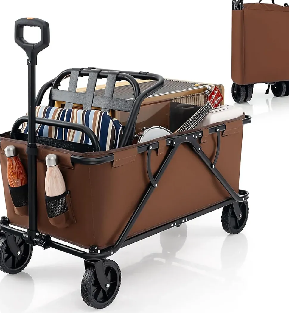 170 L Chariot de Transport Pliable avec Guidon Réglable, Porte-Bouteilles et Poche de Rangement,Pliable,Charge 100KG (Marron)