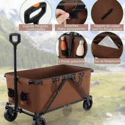 170 L Chariot de Transport Pliable avec Guidon Réglable, Porte-Bouteilles et Poche de Rangement,Pliable,Charge 100KG (Marron)