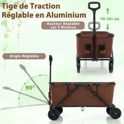 170 L Chariot de Transport Pliable avec Guidon Réglable, Porte-Bouteilles et Poche de Rangement,Pliable,Charge 100KG (Marron)