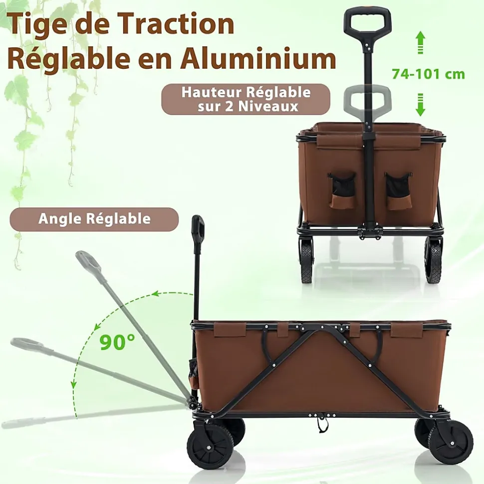 170 L Chariot de Transport Pliable avec Guidon Réglable, Porte-Bouteilles et Poche de Rangement,Pliable,Charge 100KG (Marron)