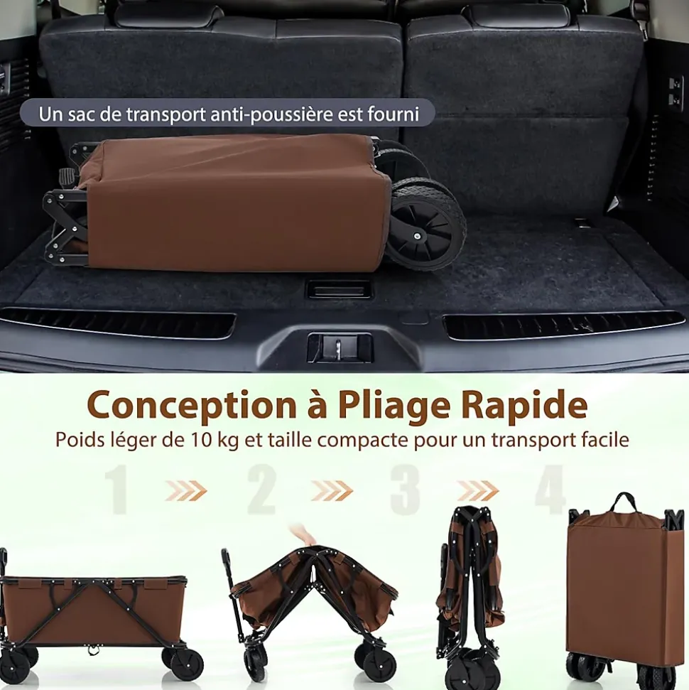 170 L Chariot de Transport Pliable avec Guidon Réglable, Porte-Bouteilles et Poche de Rangement,Pliable,Charge 100KG (Marron)