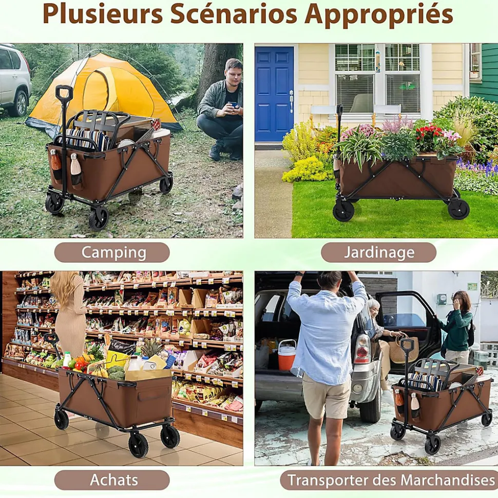 170 L Chariot de Transport Pliable avec Guidon Réglable, Porte-Bouteilles et Poche de Rangement,Pliable,Charge 100KG (Marron)