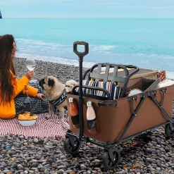 170 L Chariot de Transport Pliable avec Guidon Réglable, Porte-Bouteilles et Poche de Rangement,Pliable,Charge 100KG (Marron)