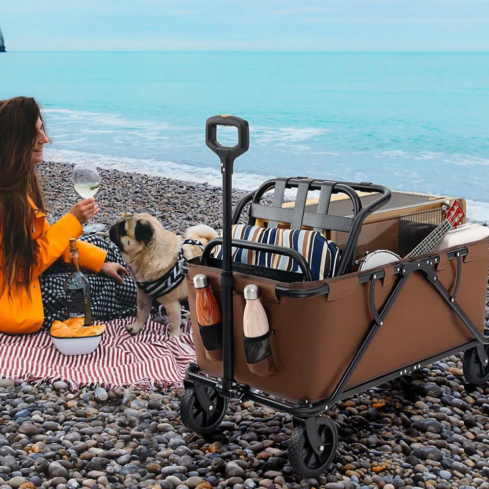 170 L Chariot de Transport Pliable avec Guidon Réglable, Porte-Bouteilles et Poche de Rangement,Pliable,Charge 100KG (Marron)