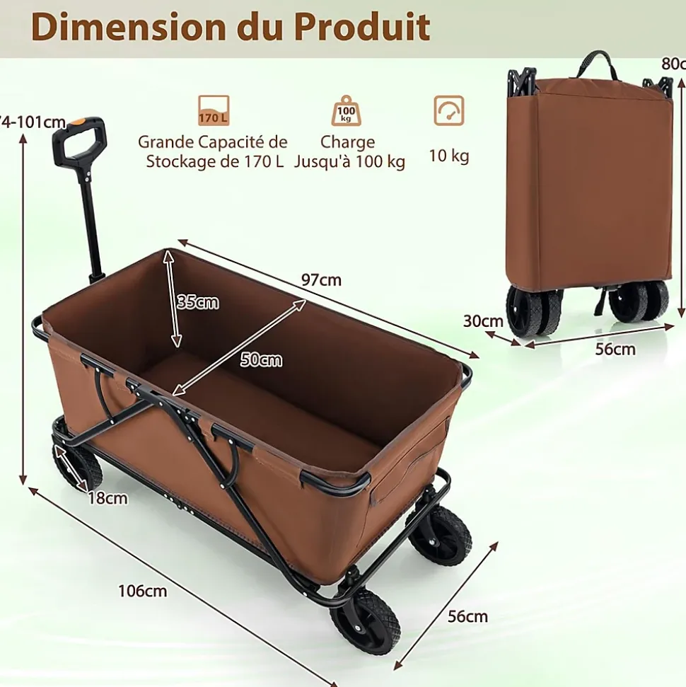 170 L Chariot de Transport Pliable avec Guidon Réglable, Porte-Bouteilles et Poche de Rangement,Pliable,Charge 100KG (Marron)