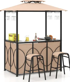 3 Pcs Abri Barbecue avec Bar Extérieur Table de Bar en Verre Trempé 2 Tabourets Porte Verres Abri de Grill Double Toit
