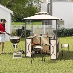 3 Pcs Abri Barbecue avec Bar Extérieur Table de Bar en Verre Trempé 2 Tabourets Porte Verres Abri de Grill Double Toit