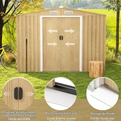 Abri de Jardin en Acier Galvanisé Anti-UV avec Portes Verrouillables, Plancher, Bouches d'Aération, 259x196x184cm, 5m² Naturel