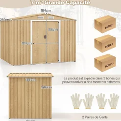 Abri de Jardin en Acier Galvanisé Anti-UV avec Portes Verrouillables, Plancher, Bouches d'Aération, 259x196x184cm, 5m² Naturel