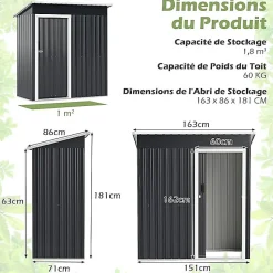 Abri de Jardin en Métal avec Porte Coulissante Verrouillable,avec Toit en Pente,pour Outils,Bicyclette,Poubelle,163 X 86 X 181 CM