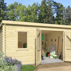 Abri de jardin Klikstrom Linda bois naturel ép.34 mm surface totale 12.2m²