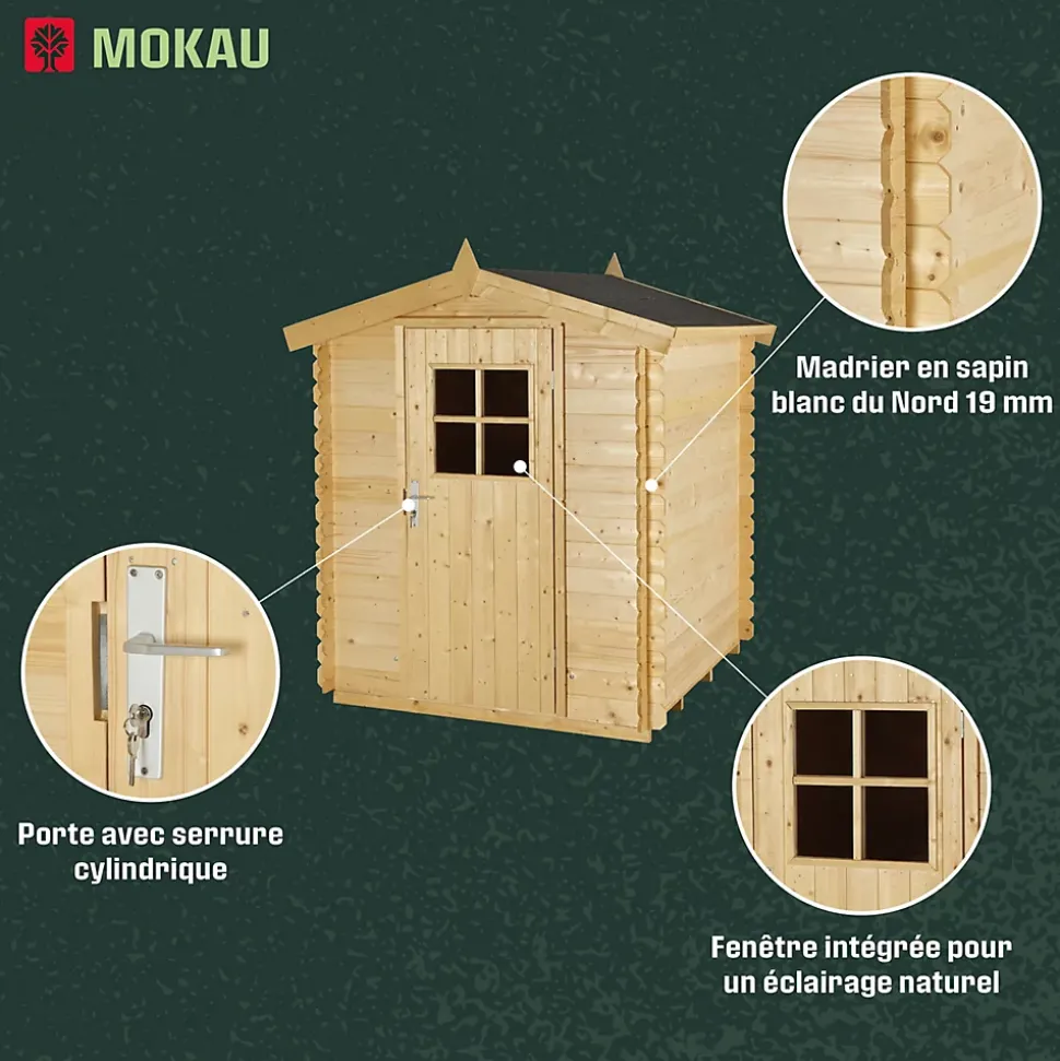 Abri de jardin Klikstrom Mokau bois coloris naturel ép.19 mm surface totale 3,46m²