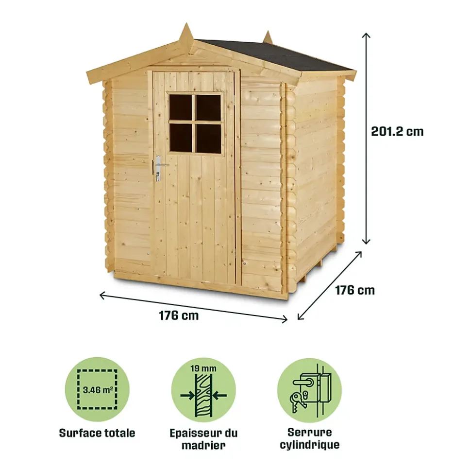 Abri de jardin Klikstrom Mokau bois coloris naturel ép.19 mm surface totale 3,46m²