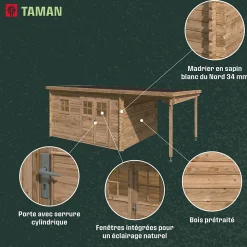 Abri de jardin Klikstrom Taman bois traité autoclave marron ép.34 mm toiture monopente  surface totale 19.5m²