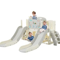 Aire de jeux 8 en 1 motif marin double toboggan tunnel panier telescope structure escalade