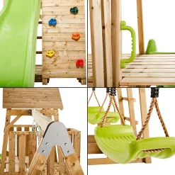 Aire de jeux bois, balançoires, nid, toboggan, escalade, bac à sable, table WOODI