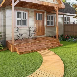 Allée de Jardin Incurvée en Bois, Chemin Extérieur avec Surface Antidérapante, Naturel