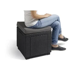ALLIBERT JARDIN Table-pouf avec coussin et rangement integre - Imitation rotin tresse graphite
