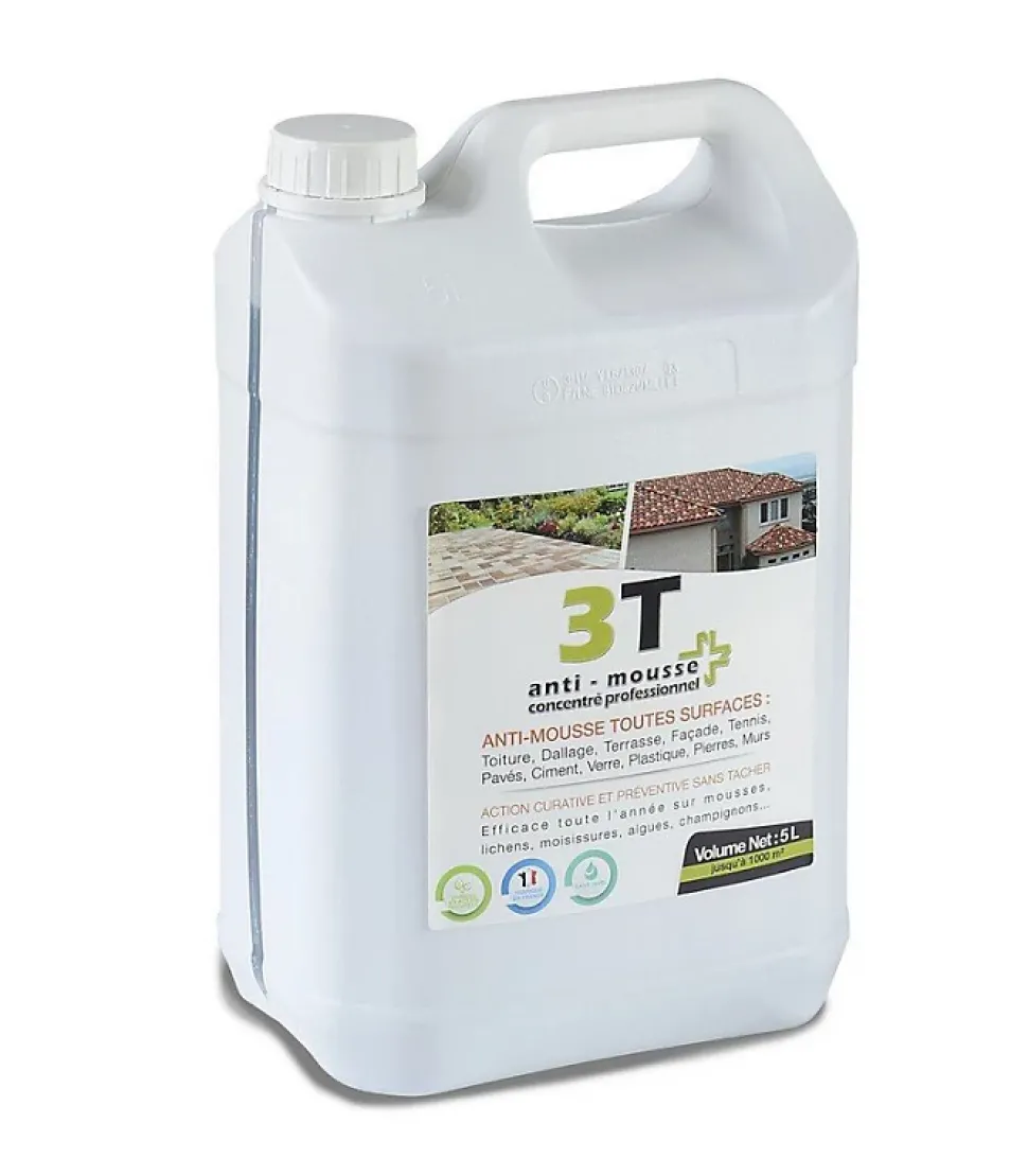 Antimousse concentré 3T 5 litres à diluer pour 1000 m2 de traitement toit toiture mur et sol