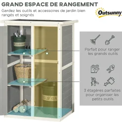 Armoire abri de jardin - grande porte verrouillable loquet - 2 étagères - toit bitumé incliné bois de sapin blanc gris