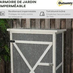Armoire abri de jardin - grande porte verrouillable loquet - 2 étagères - toit bitumé incliné bois de sapin blanc gris