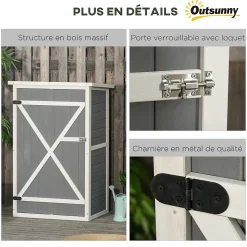 Armoire abri de jardin - grande porte verrouillable loquet - 2 étagères - toit bitumé incliné bois de sapin blanc gris