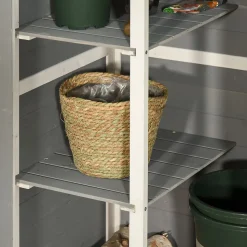 Armoire abri de jardin - grande porte verrouillable loquet - 2 étagères - toit bitumé incliné bois de sapin blanc gris